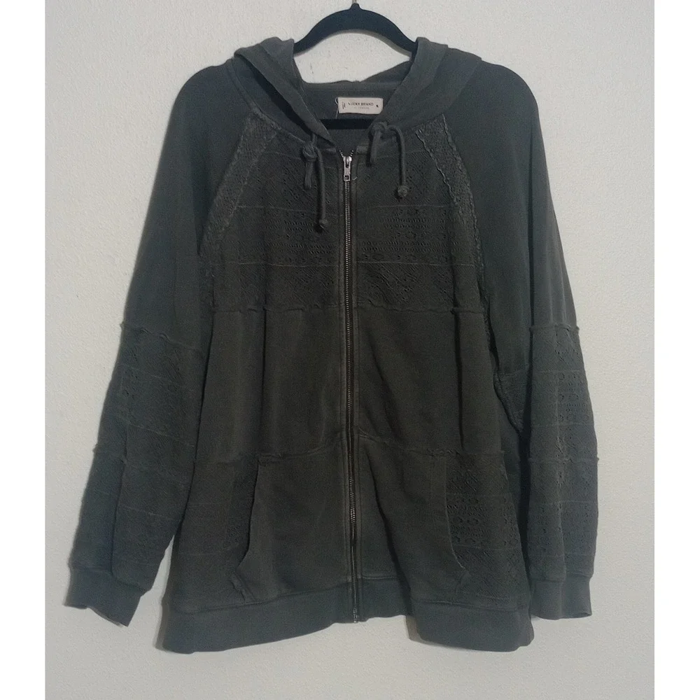 Lucky Brand Womens Gray Lace Crochet Full Zip Hoodie Boho Cotton Sweatshirt XL - Picture 1 of 5